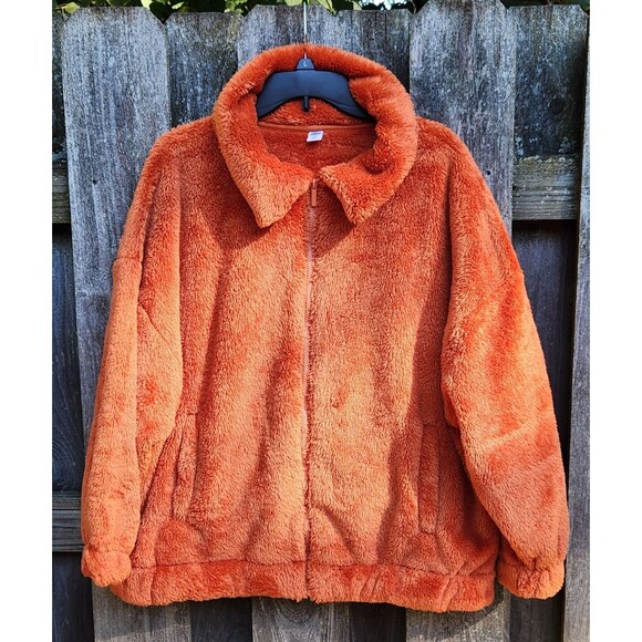 Old Navy Womens Size Medium Orange Oversized Fluffy Full Zip Jacket - Picture 1 of 9